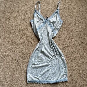 Elegant Blue Floral Lace Trim Slip Dress